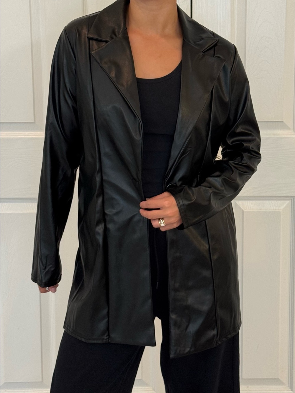 PrettyLittleThing Black Longline Faux Leather Blazer
